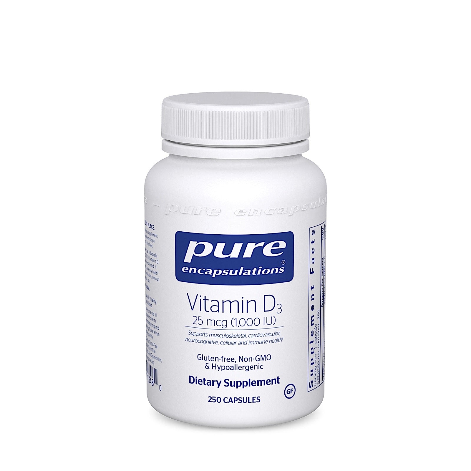 Pure Encapsulations, Vitamin D3 25 mcg 1,000 IU, 250 Capsules UPC 766298013480 | HiLife Vitamins